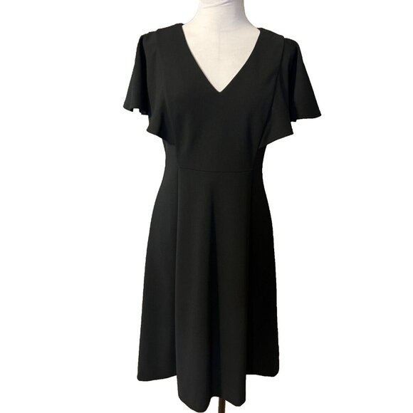 Calvin Klein A Line Dress 6 Black Stretch Sheath Short Flutter Sleeve Career - Picture 2 of 10